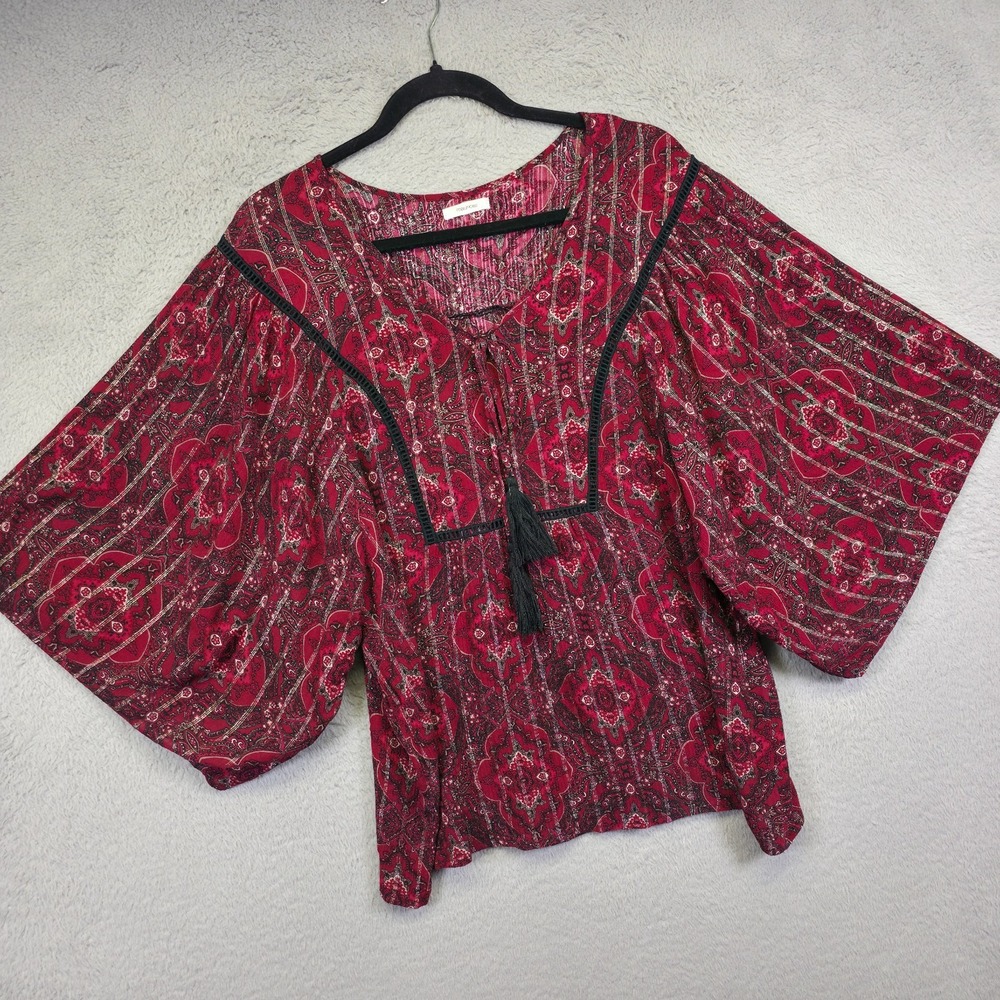 Maurices Top Womens L Red Kimono Tassel Paisley Striped Metallic‎ Boho Oversized